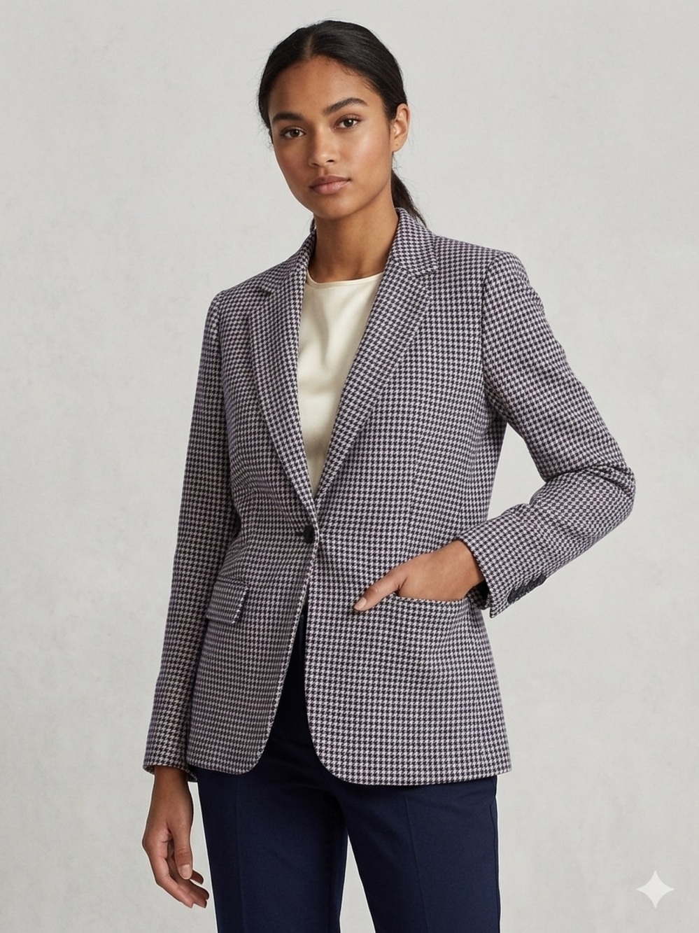 Ralph Lauren Black & White Houndstooth Single-Button Blazer